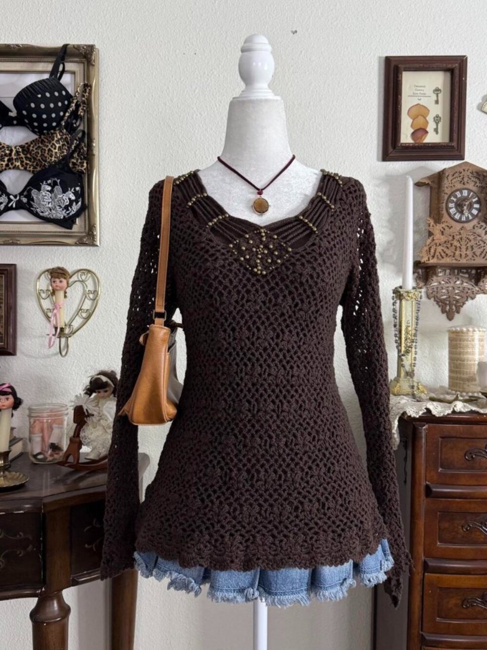 Y2k boho grunge brown crochet beaded sweater